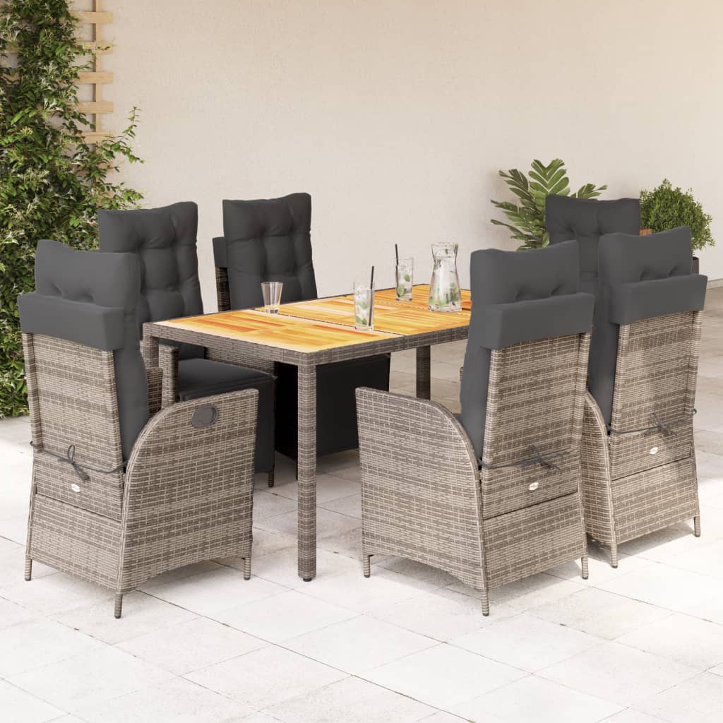 7 Pcs conjunto de jantar p/ jardim c/ almofadões vime PE cinza