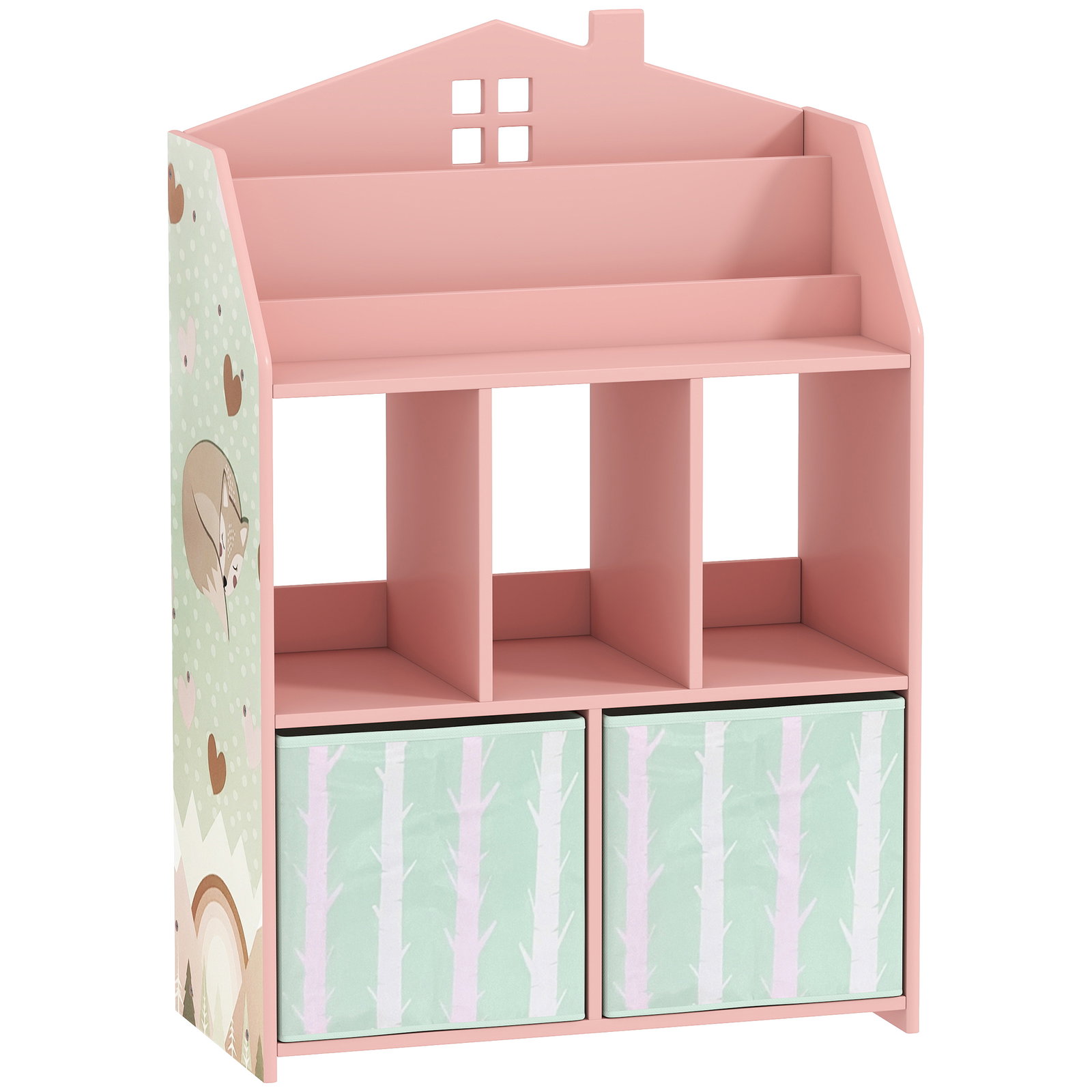 Estante infantil para brinquedos com gavetas de tecido prateleiras abertas design de raposas organizador de brinquedos rosa