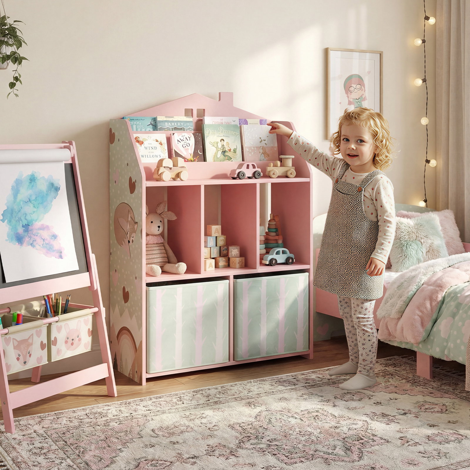 Estante infantil para brinquedos com gavetas de tecido prateleiras abertas design de raposas organizador de brinquedos rosa