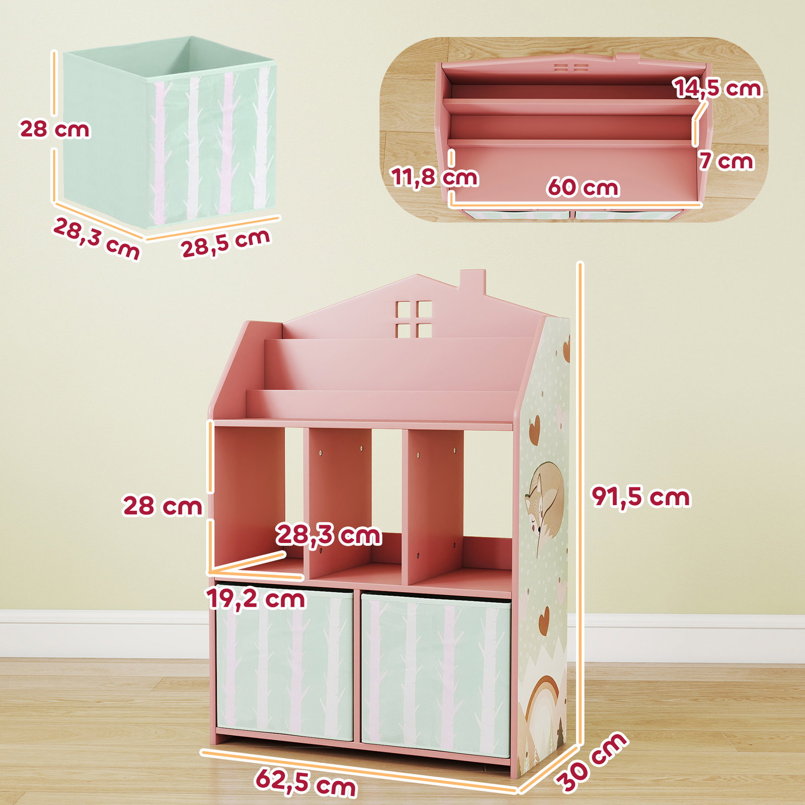 Estante infantil para brinquedos com gavetas de tecido prateleiras abertas design de raposas organizador de brinquedos rosa