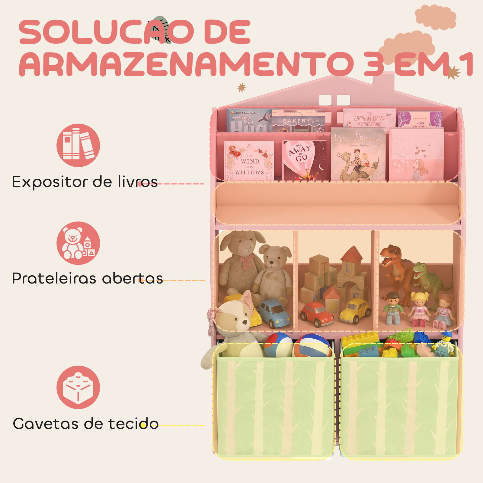 Estante infantil para brinquedos com gavetas de tecido prateleiras abertas design de raposas organizador de brinquedos rosa