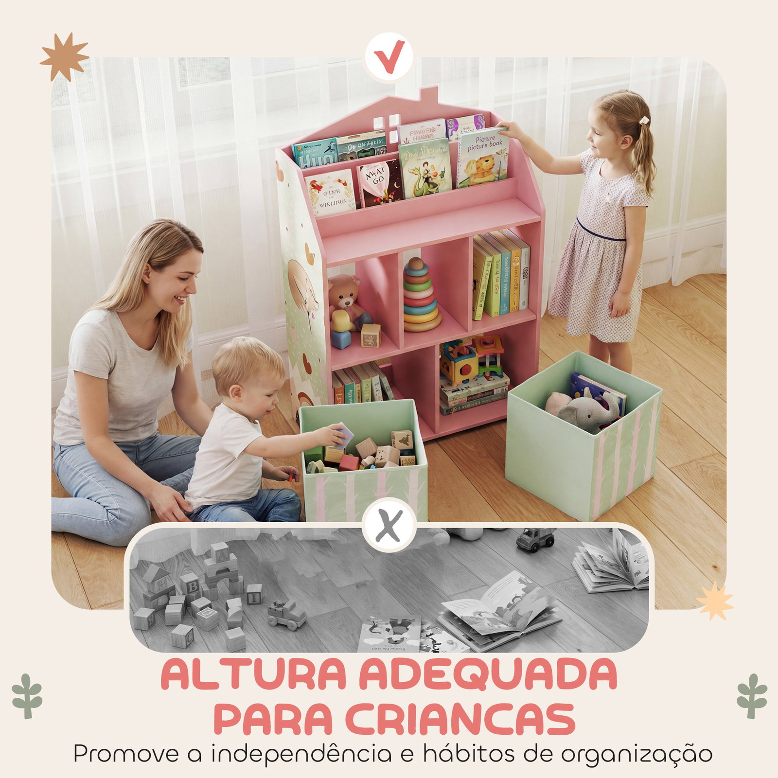 Estante infantil para brinquedos com gavetas de tecido prateleiras abertas design de raposas organizador de brinquedos rosa