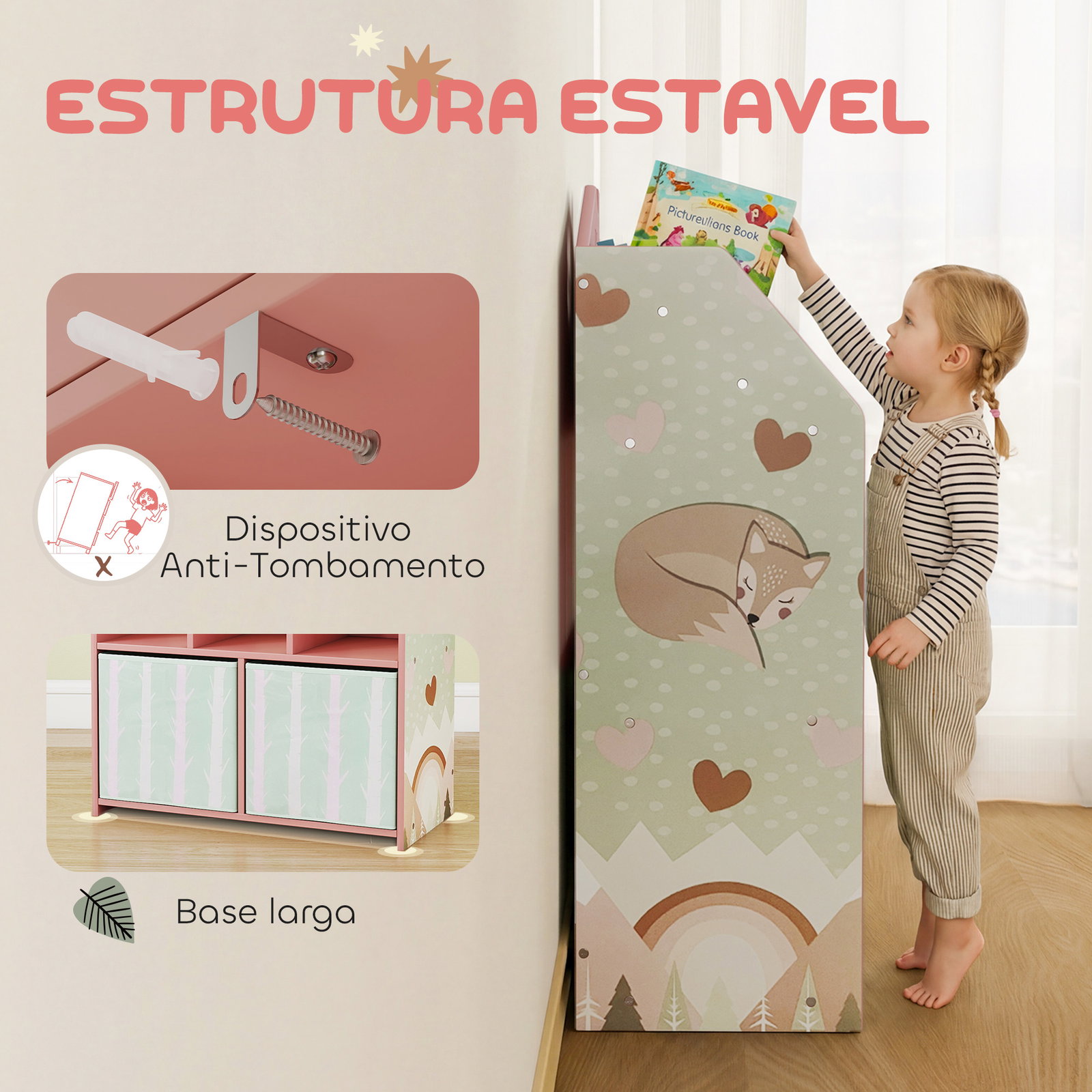Estante infantil para brinquedos com gavetas de tecido prateleiras abertas design de raposas organizador de brinquedos rosa