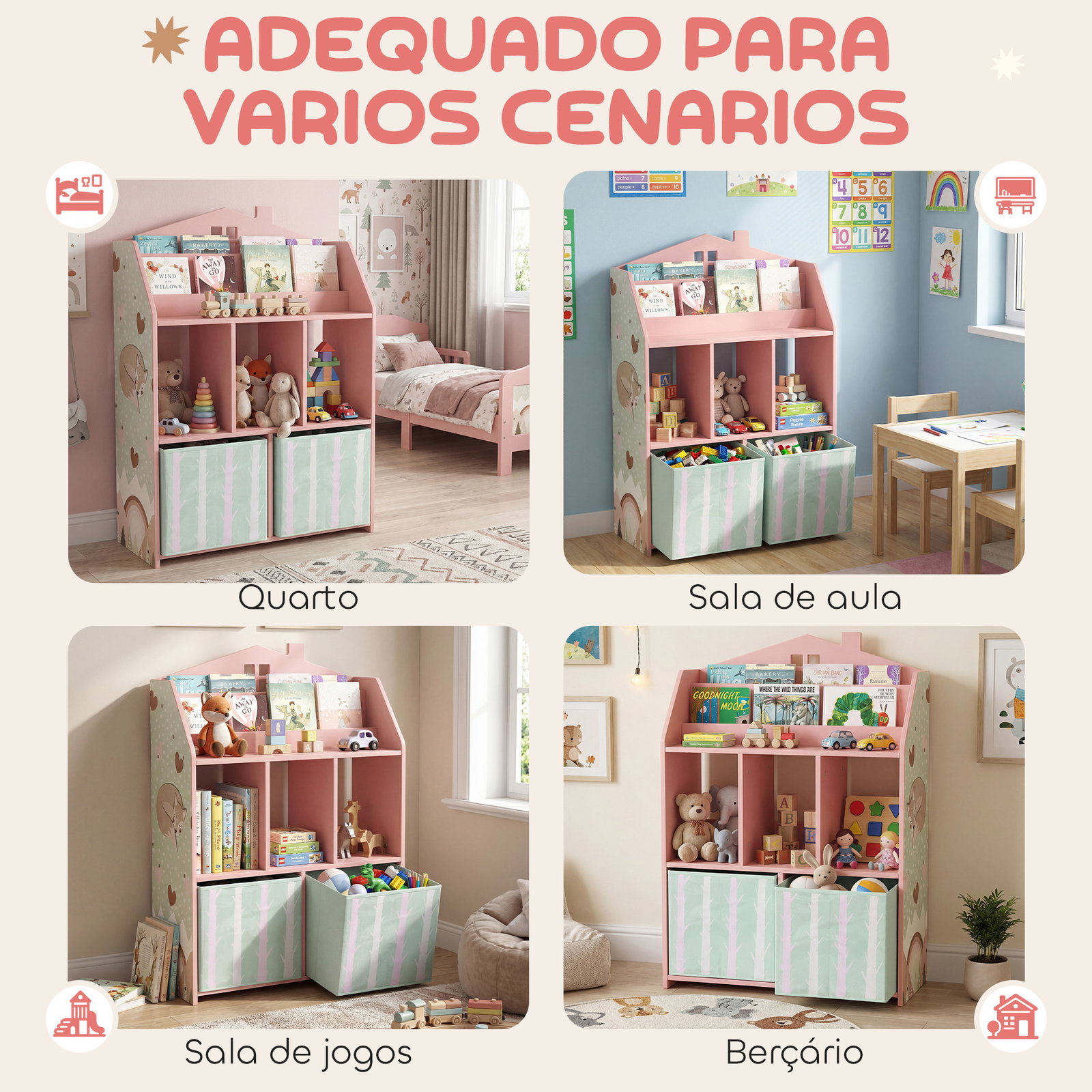 Estante infantil para brinquedos com gavetas de tecido prateleiras abertas design de raposas organizador de brinquedos rosa