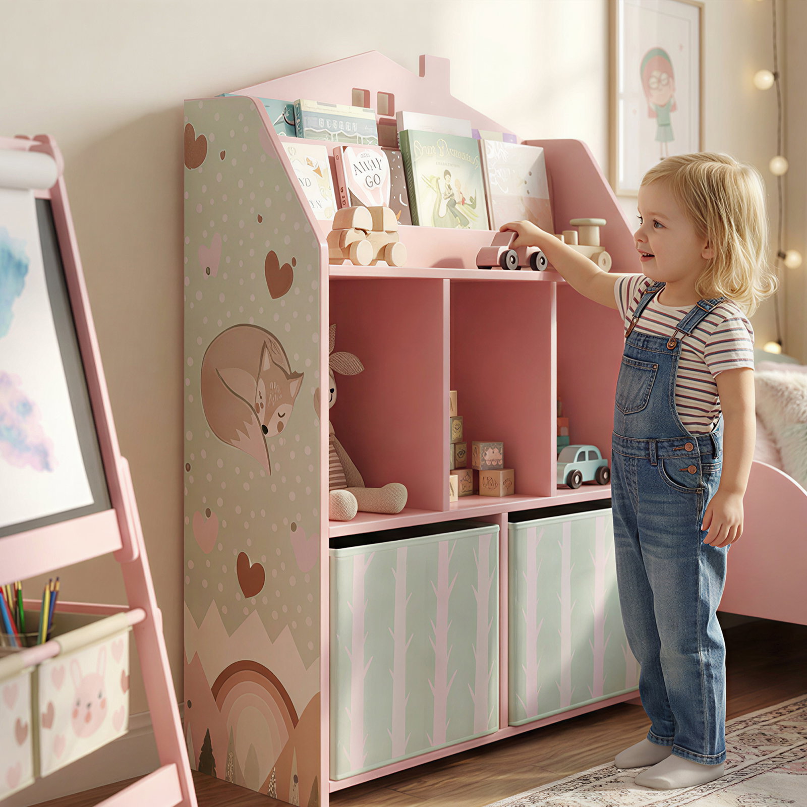 Estante infantil para brinquedos com gavetas de tecido prateleiras abertas design de raposas organizador de brinquedos rosa