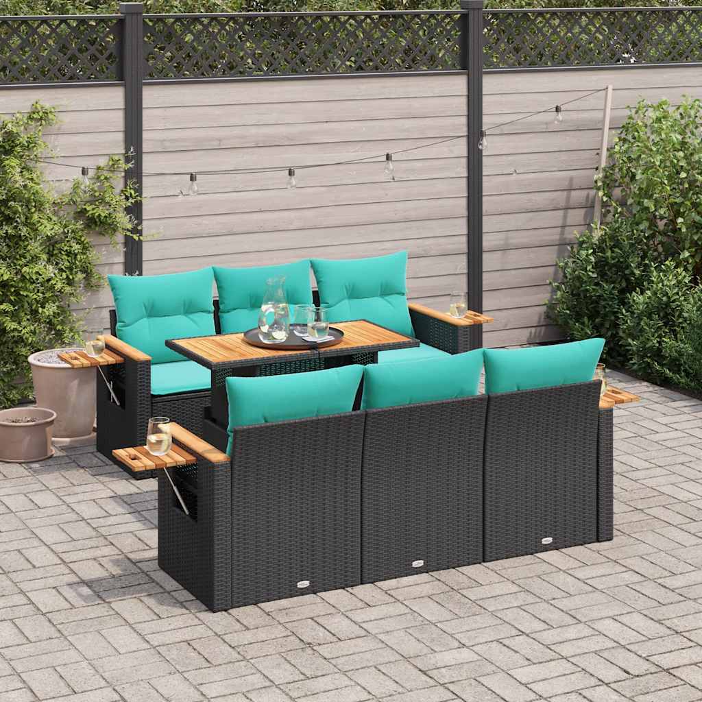 7 Pcs conjunto de sofás p/ jardim c/ almofadões vime PE preto