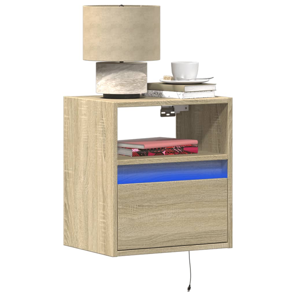 Mesa de cabeceira de parede com luzes LED carvalho sonoma