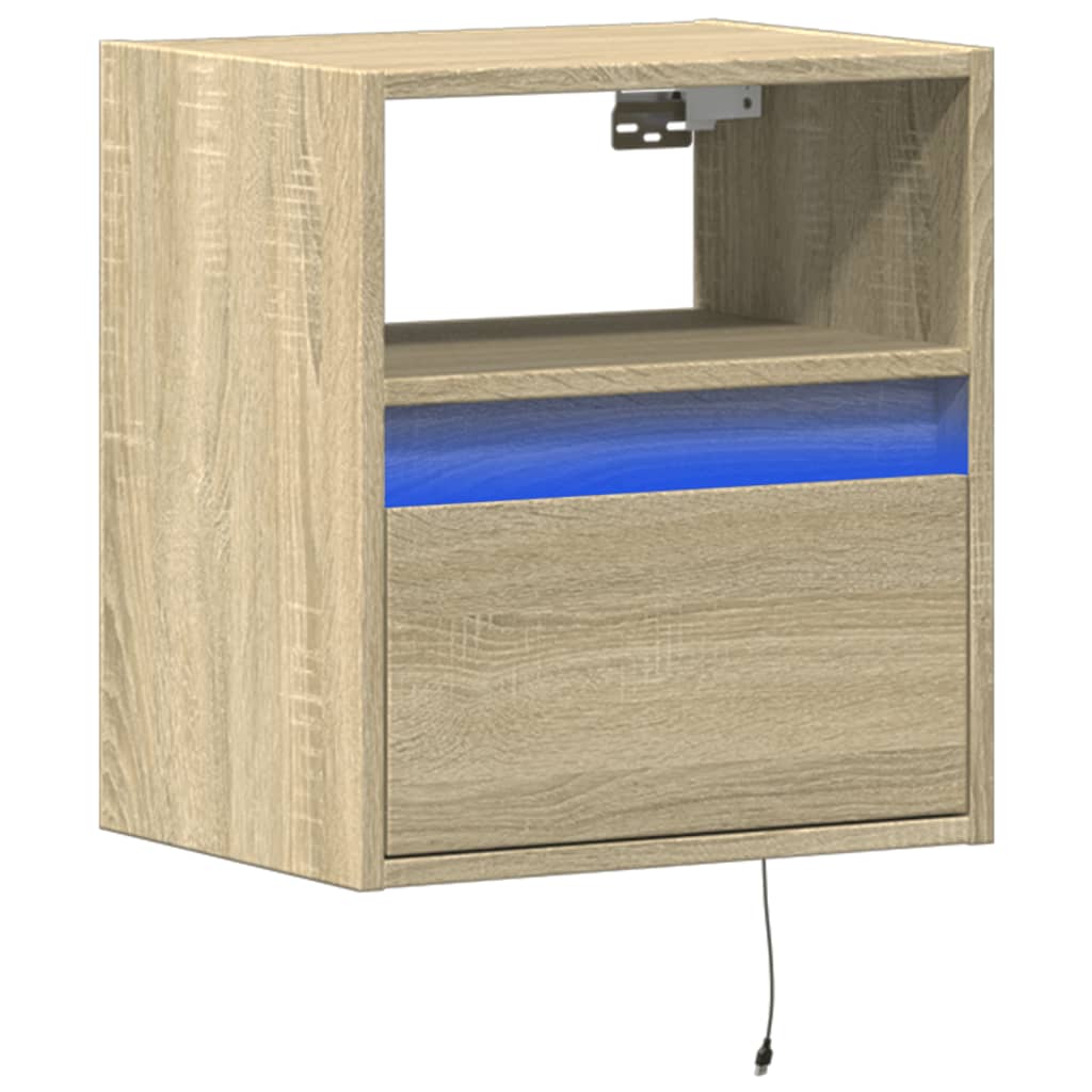 Mesa de cabeceira de parede com luzes LED carvalho sonoma