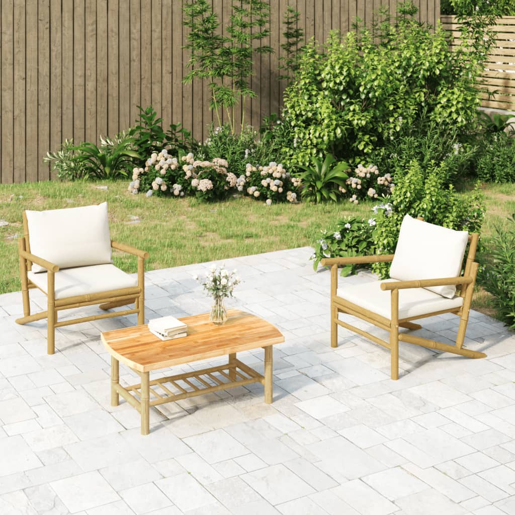 3 Pcs conjunto lounge de jardim bambu c/ almofadões branco nata