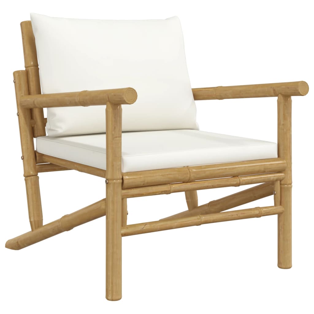 3 Pcs conjunto lounge de jardim bambu c/ almofadões branco nata