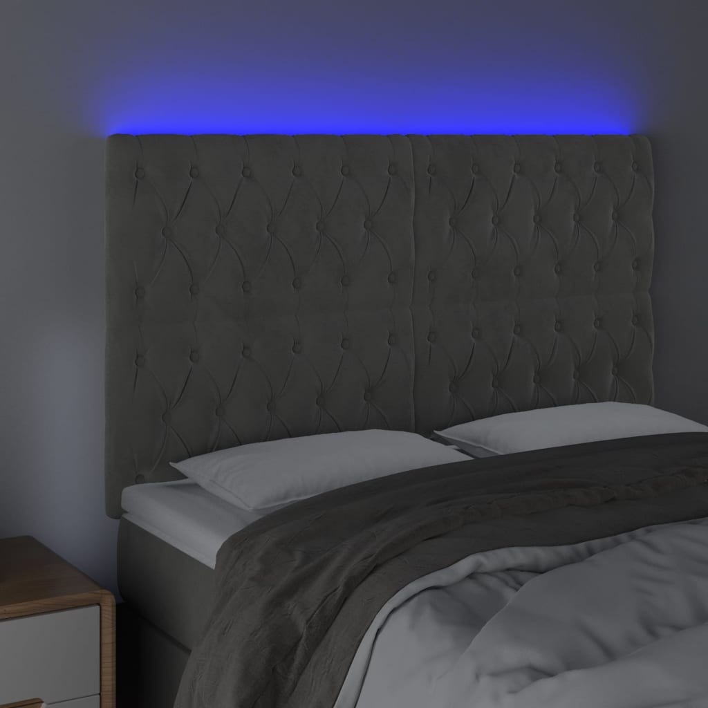 Cabeceira cama c/ luzes LED veludo 160x7x118/128cm cinza-claro