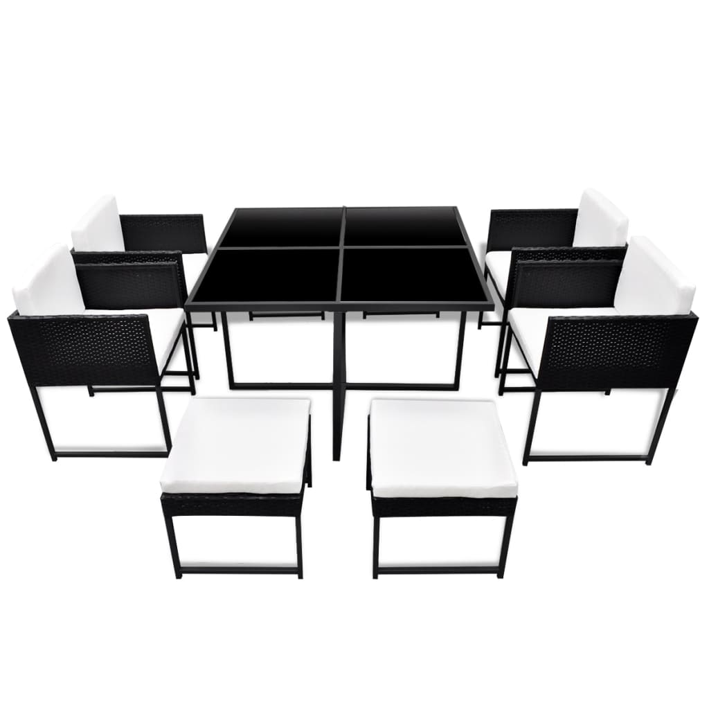 9 Pcs conjunto jantar exterior com almofadões vime PE preto