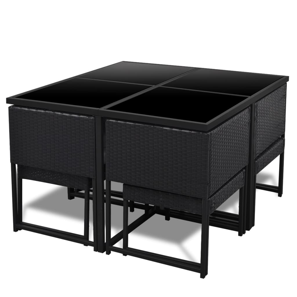 9 Pcs conjunto jantar exterior com almofadões vime PE preto