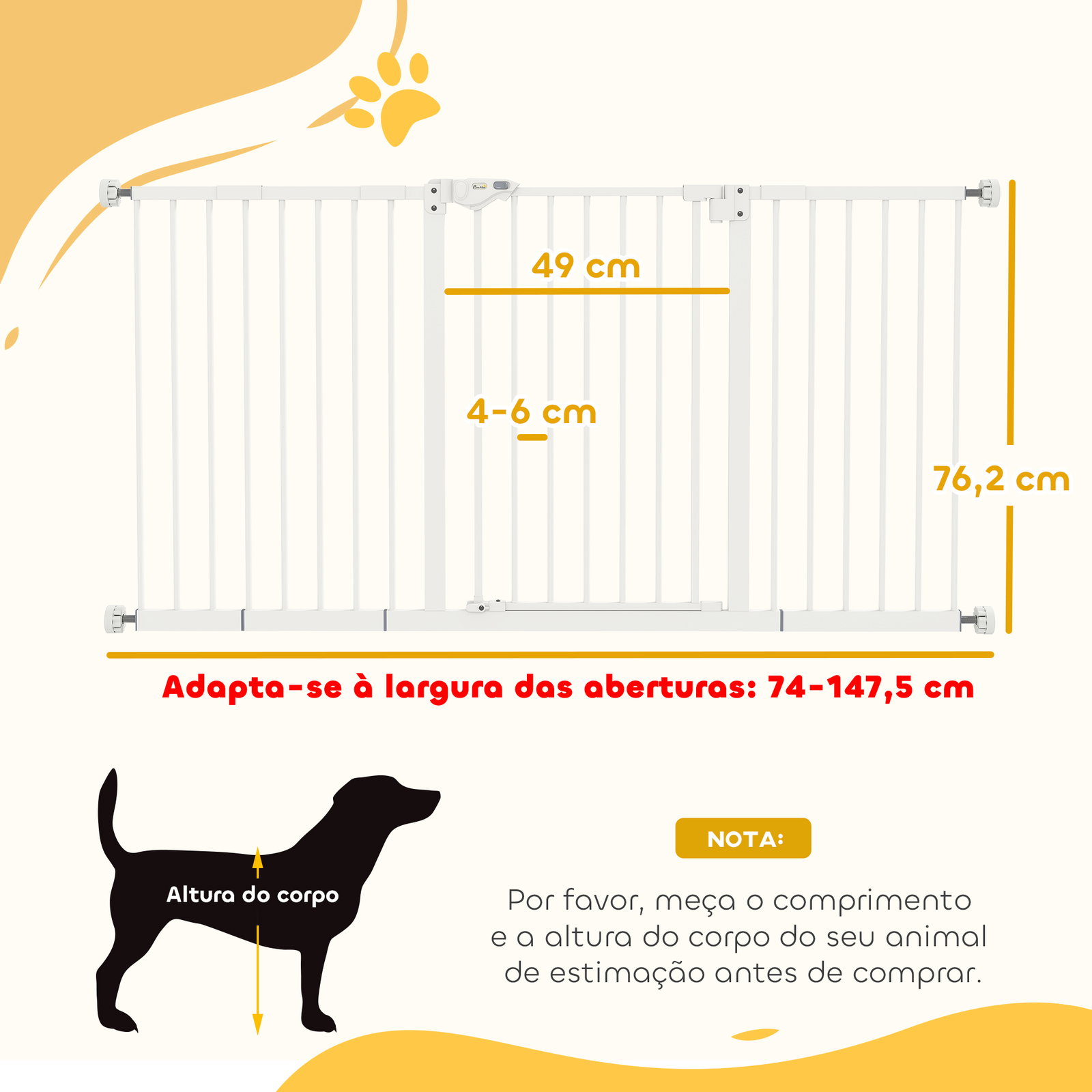 Barreira de segurança extensível para portas e escadas com fechamento automático e sistema de duplo bloqueio 74-147,5x76,2 cm branco