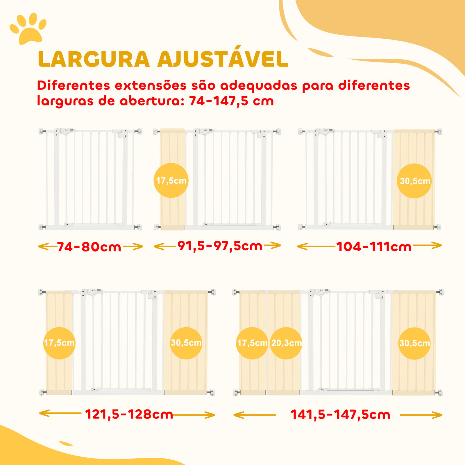 Barreira de segurança extensível para portas e escadas com fechamento automático e sistema de duplo bloqueio 74-147,5x76,2 cm branco