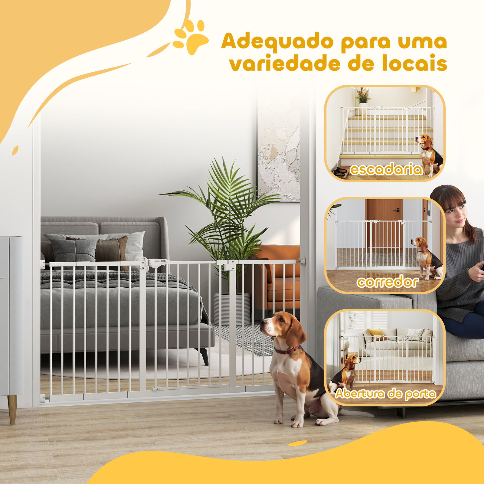 Barreira de segurança extensível para portas e escadas com fechamento automático e sistema de duplo bloqueio 74-147,5x76,2 cm branco