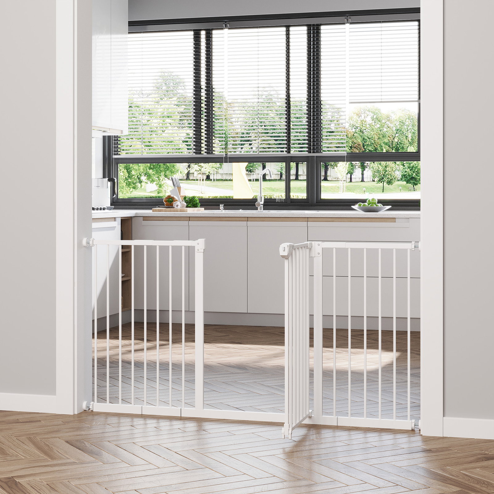 Barreira de segurança extensível para portas e escadas com fechamento automático e sistema de duplo bloqueio 74-147,5x76,2 cm branco
