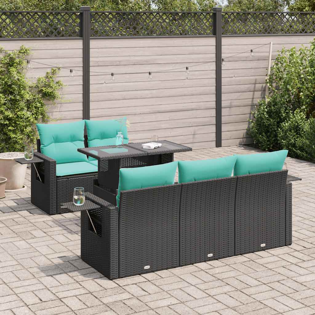 6 Pcs conj. sofás jardim c/ almofadões vime PE/acácia preto