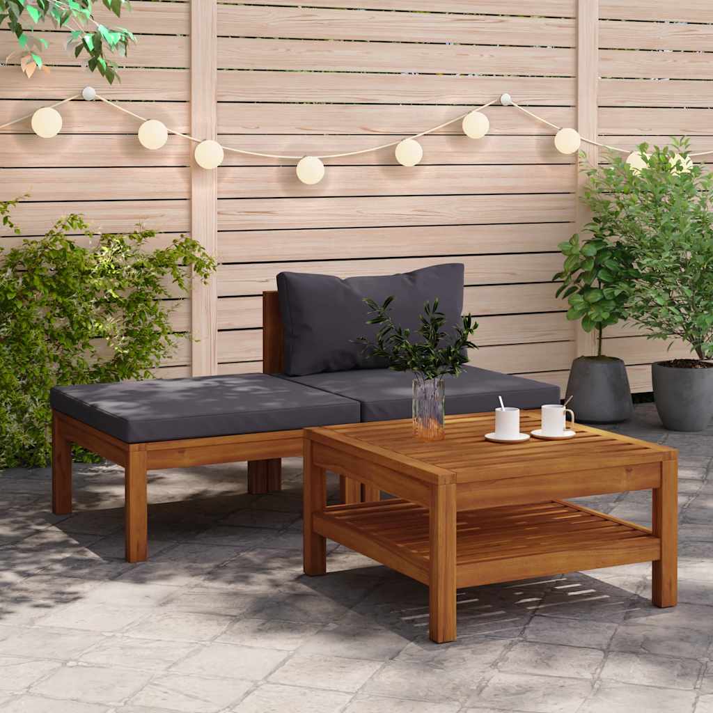 3 Pcs conj. lounge de jardim c/ almofadões cinza-escuro acácia