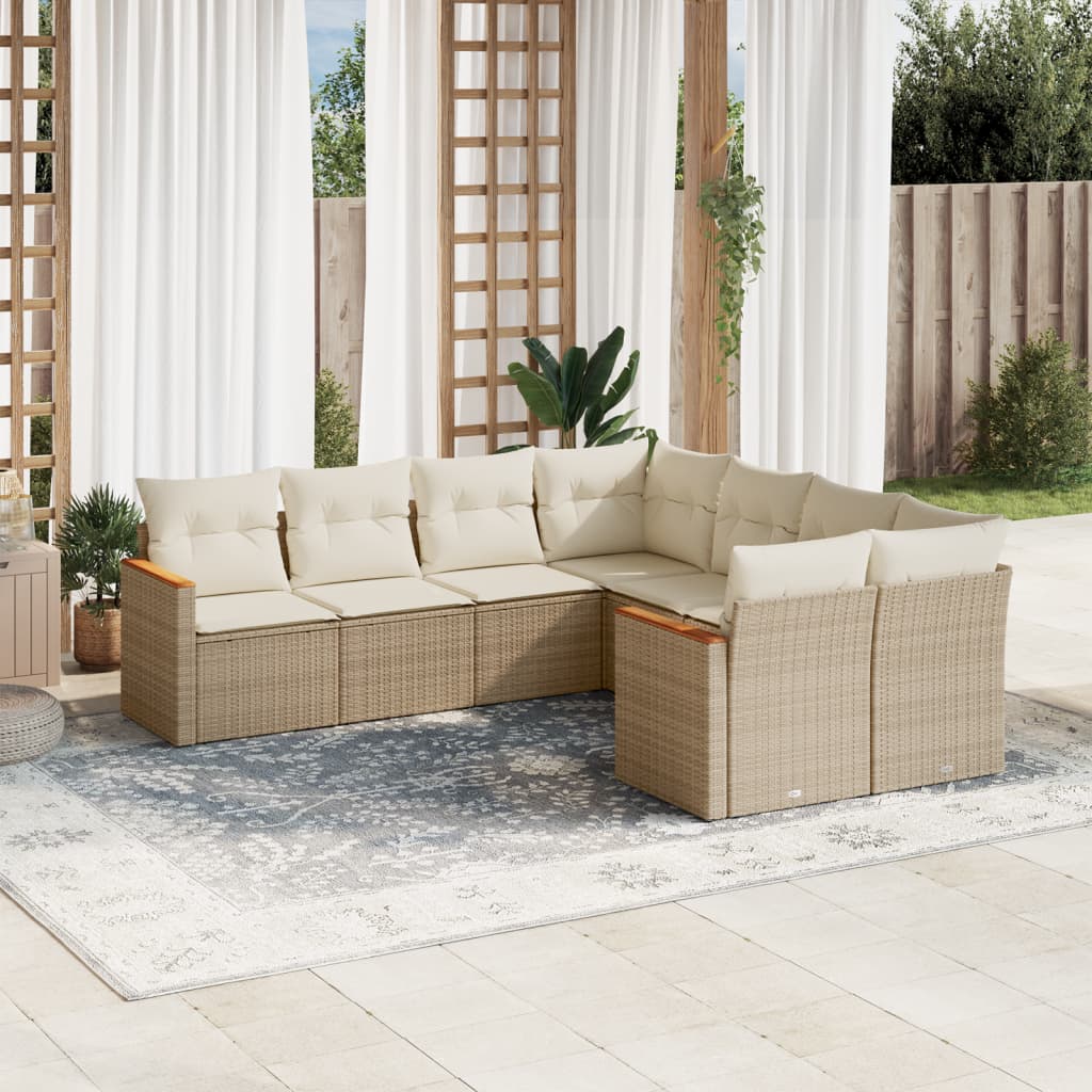 8 Pcs conjunto de sofás p/ jardim com almofadões vime PE bege