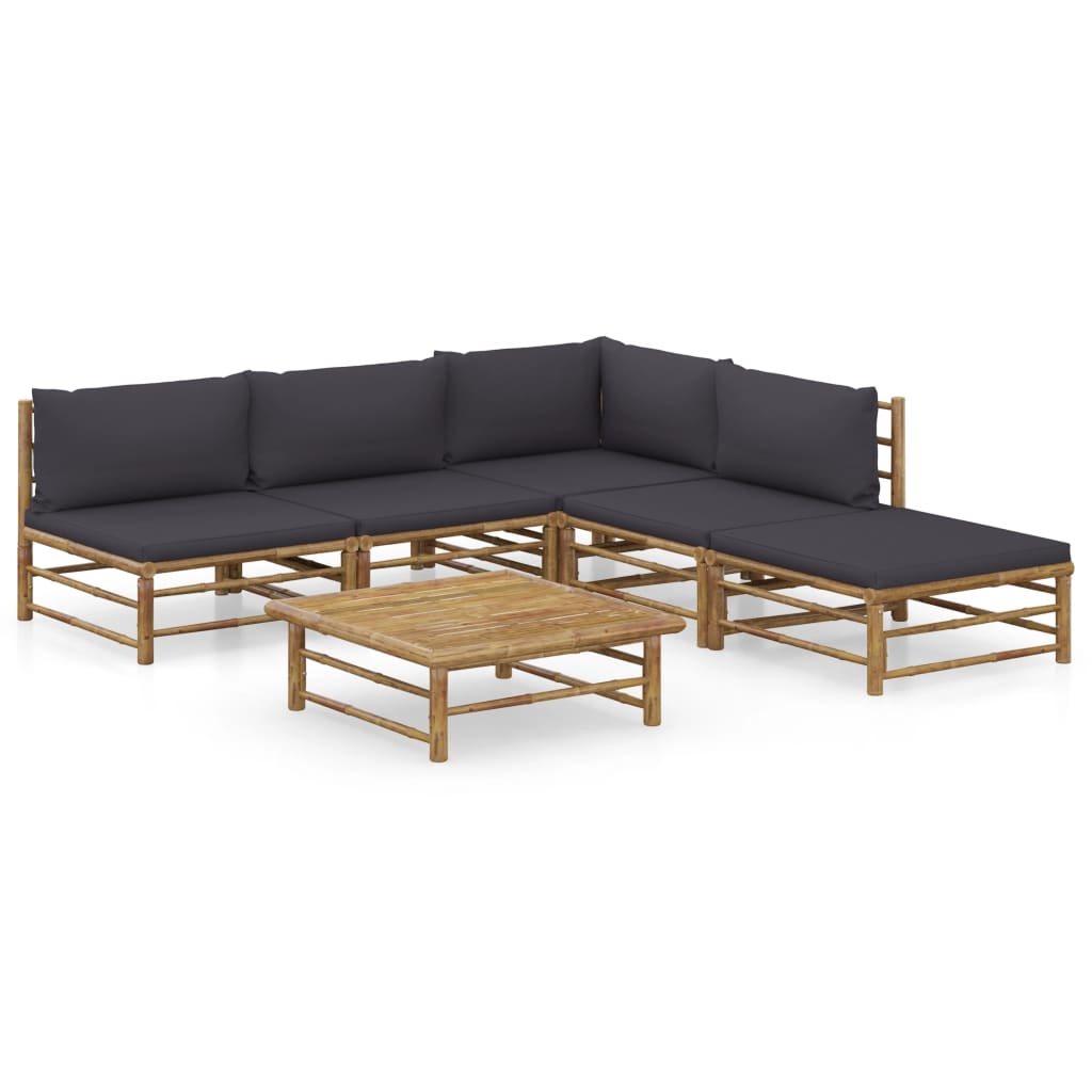 6 Pcs conj. lounge jardim em bambu c/ almofadões cinza-escuro