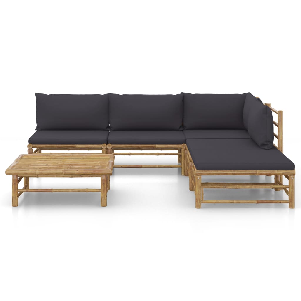 6 Pcs conj. lounge jardim em bambu c/ almofadões cinza-escuro