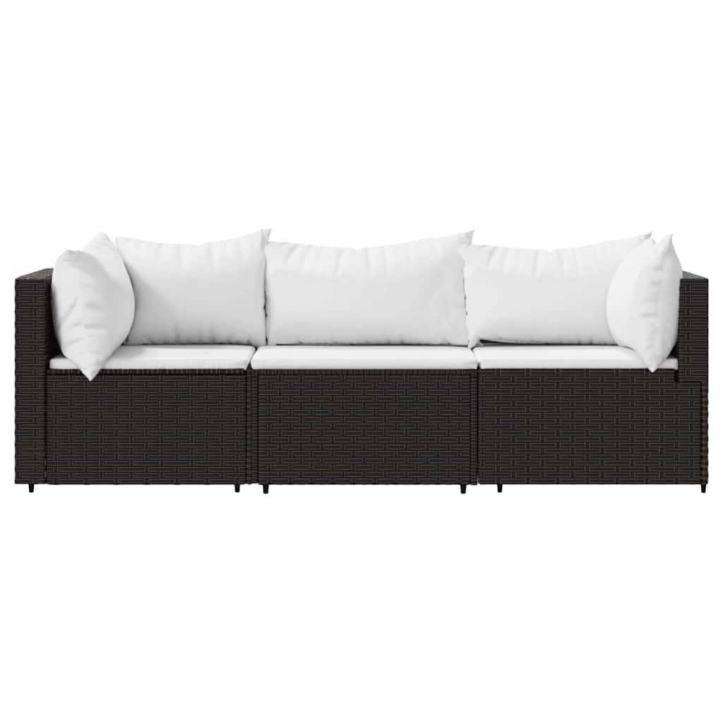3 Pcs conjunto lounge jardim c/ almofadões vime PE castanho