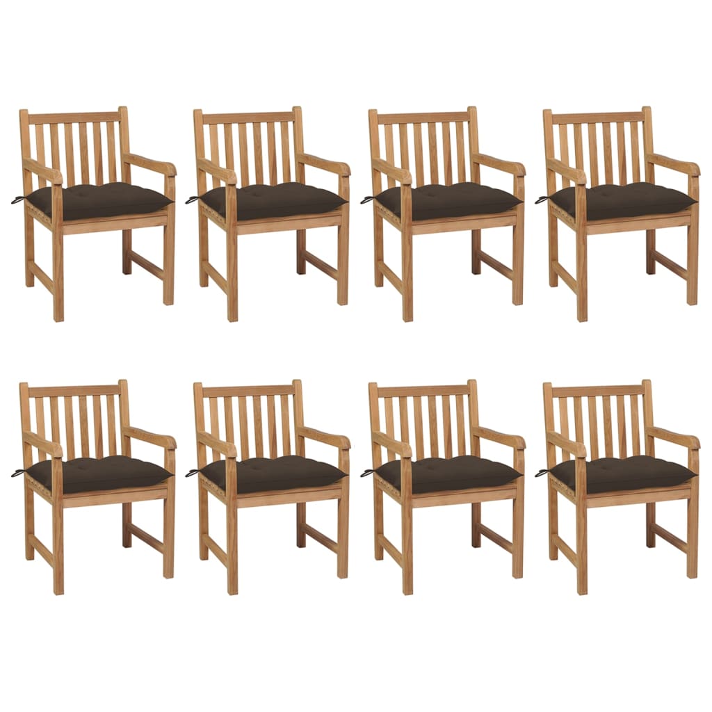 Cadeiras de jardim c/ almofadões cinza-acast. 8 pcs teca maciça