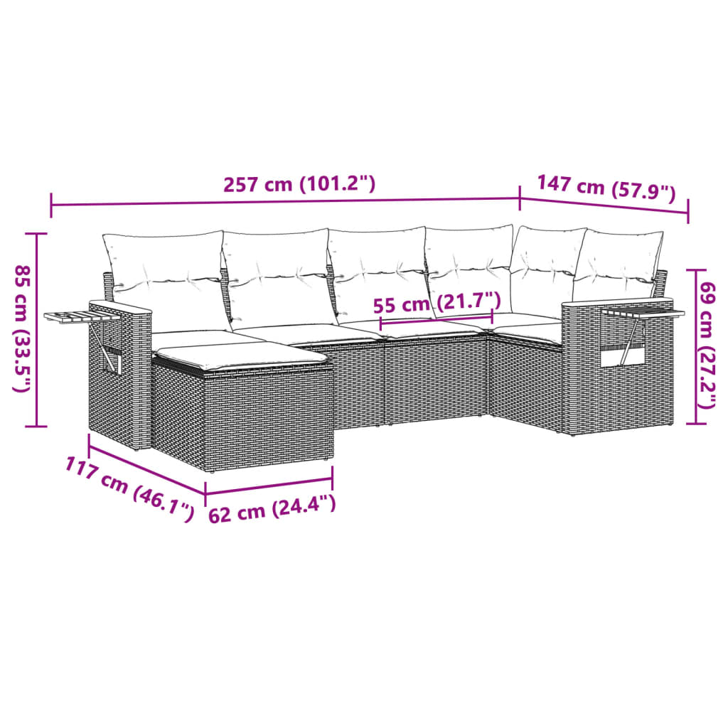 6 Pcs conjunto sofás de jardim c/ almofadões vime PE preto