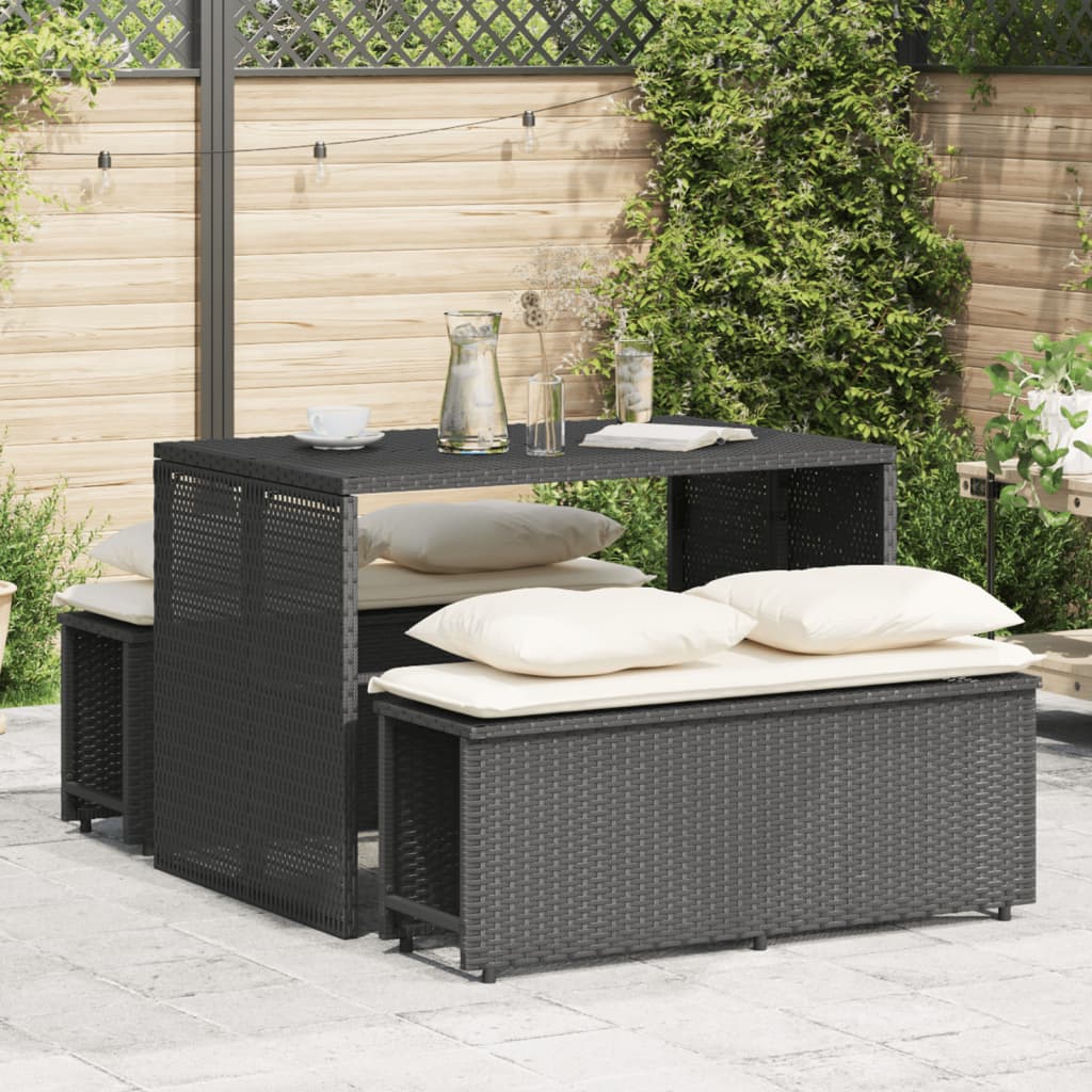 3 Pcs conjunto de jantar p/ jardim c/ almofadões vime PE preto