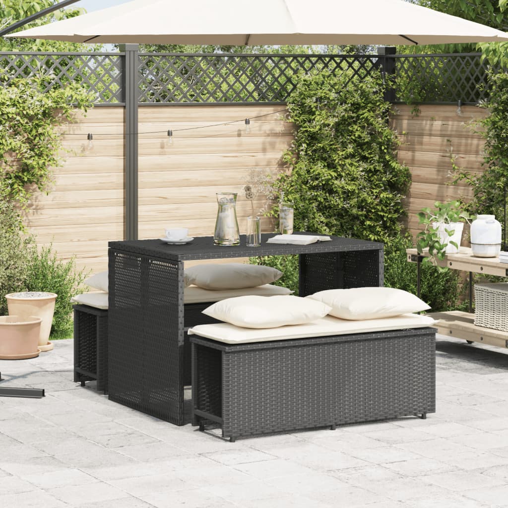 3 Pcs conjunto de jantar p/ jardim c/ almofadões vime PE preto