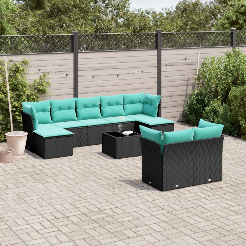Conjunto de sofá de jardim com 10 peças e almofadas em rattan sintético preto