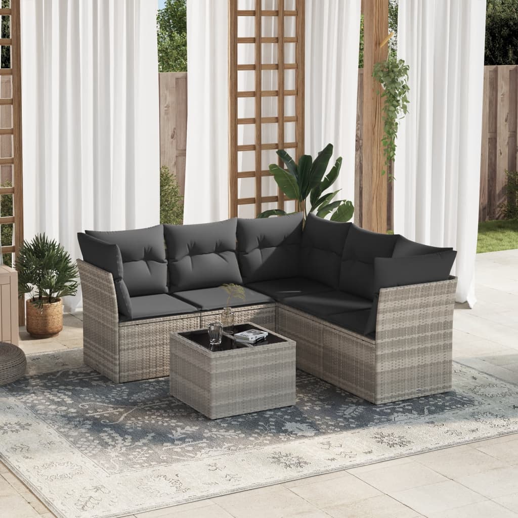 6 Pcs conj. sofás jardim com almofadões vime PE cinzento-claro