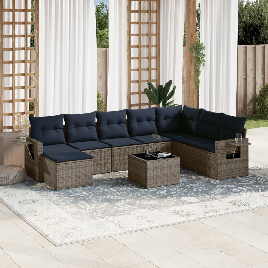 Conjunto de sofá de jardim de 9 peças com almofadas em rattan sintético cinza
