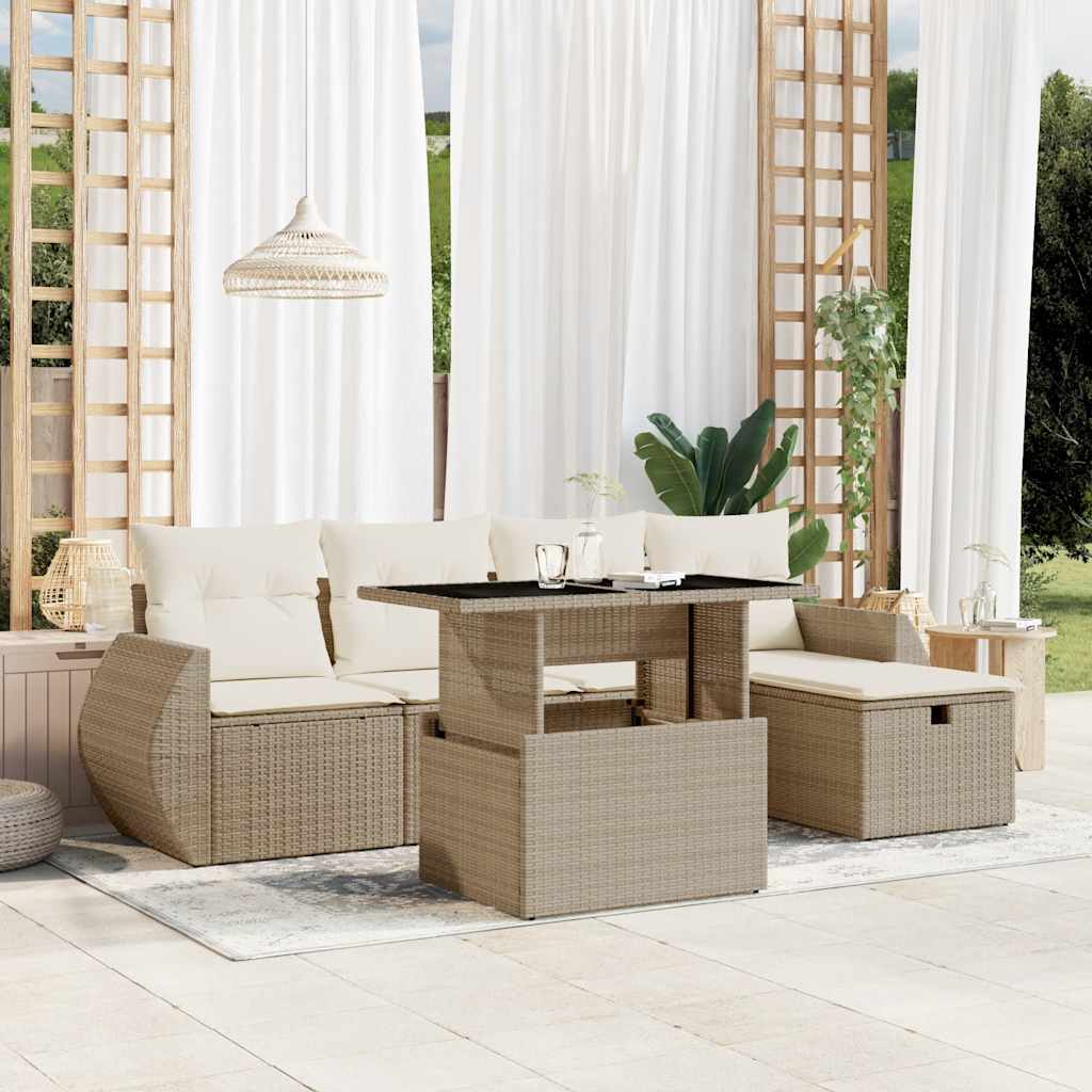 6 Pcs conjunto de sofás p/ jardim com almofadões vime PE bege