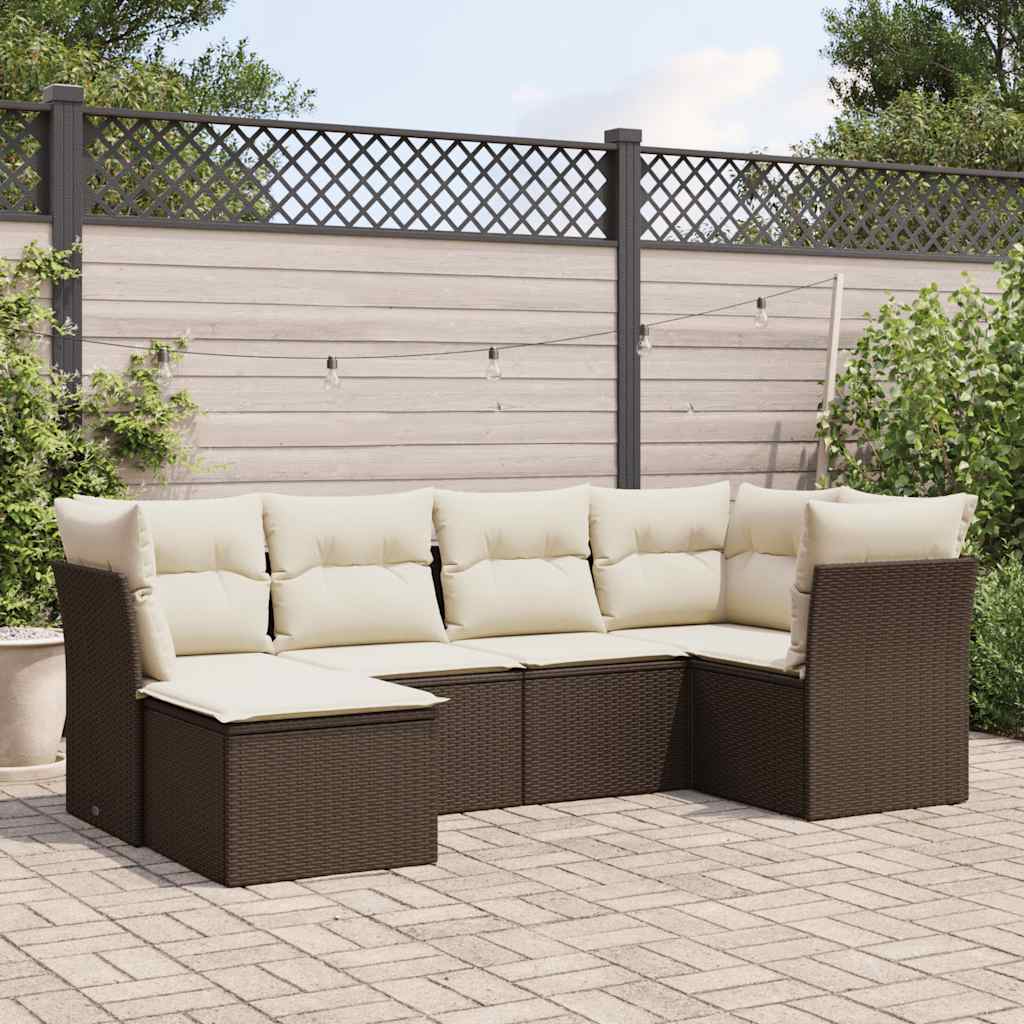 6 Pcs conjunto de sofás jardim c/ almofadões vime PE castanho