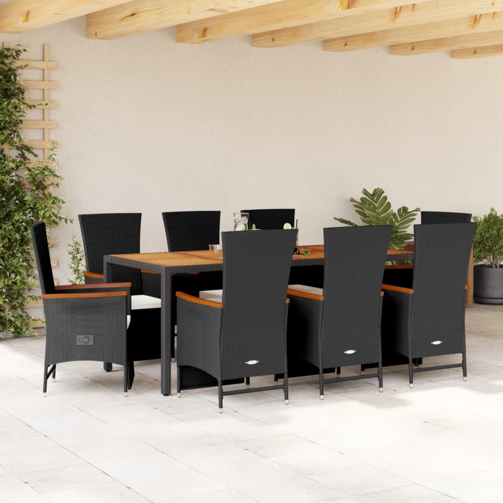 9 Pcs conjunto de jantar p/ jardim c/ almofadões vime PE preto