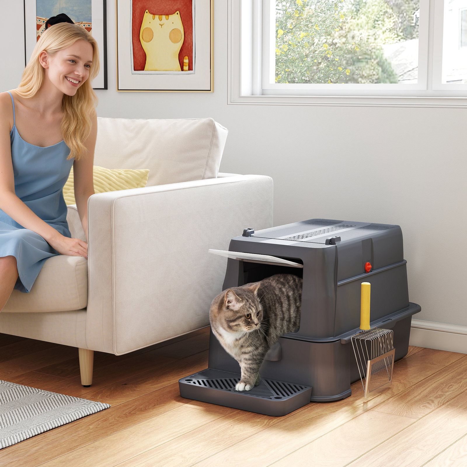 Caixa de areia para gatos de aço inoxidável xl com tampa articulada 180° laterais altas pedal pá 63x43x43 cm cinzento escuro
