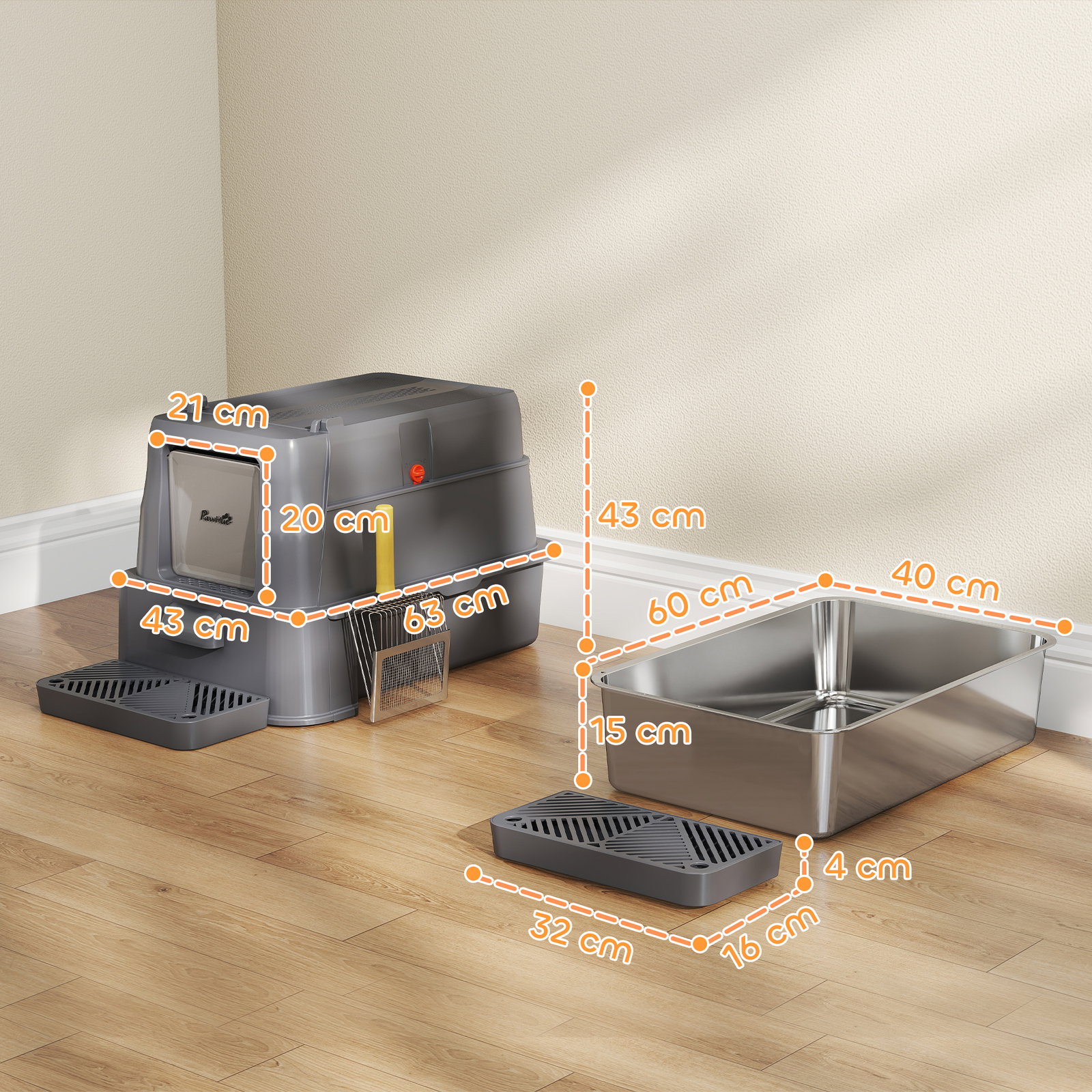 Caixa de areia para gatos de aço inoxidável xl com tampa articulada 180° laterais altas pedal pá 63x43x43 cm cinzento escuro