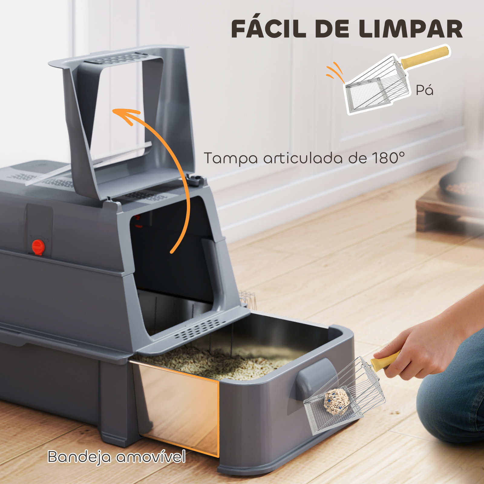 Caixa de areia para gatos de aço inoxidável xl com tampa articulada 180° laterais altas pedal pá 63x43x43 cm cinzento escuro