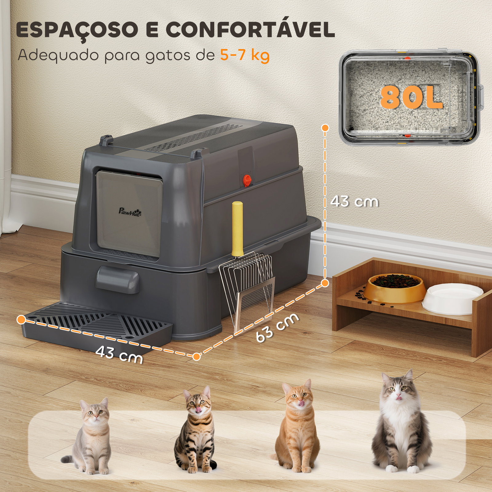 Caixa de areia para gatos de aço inoxidável xl com tampa articulada 180° laterais altas pedal pá 63x43x43 cm cinzento escuro