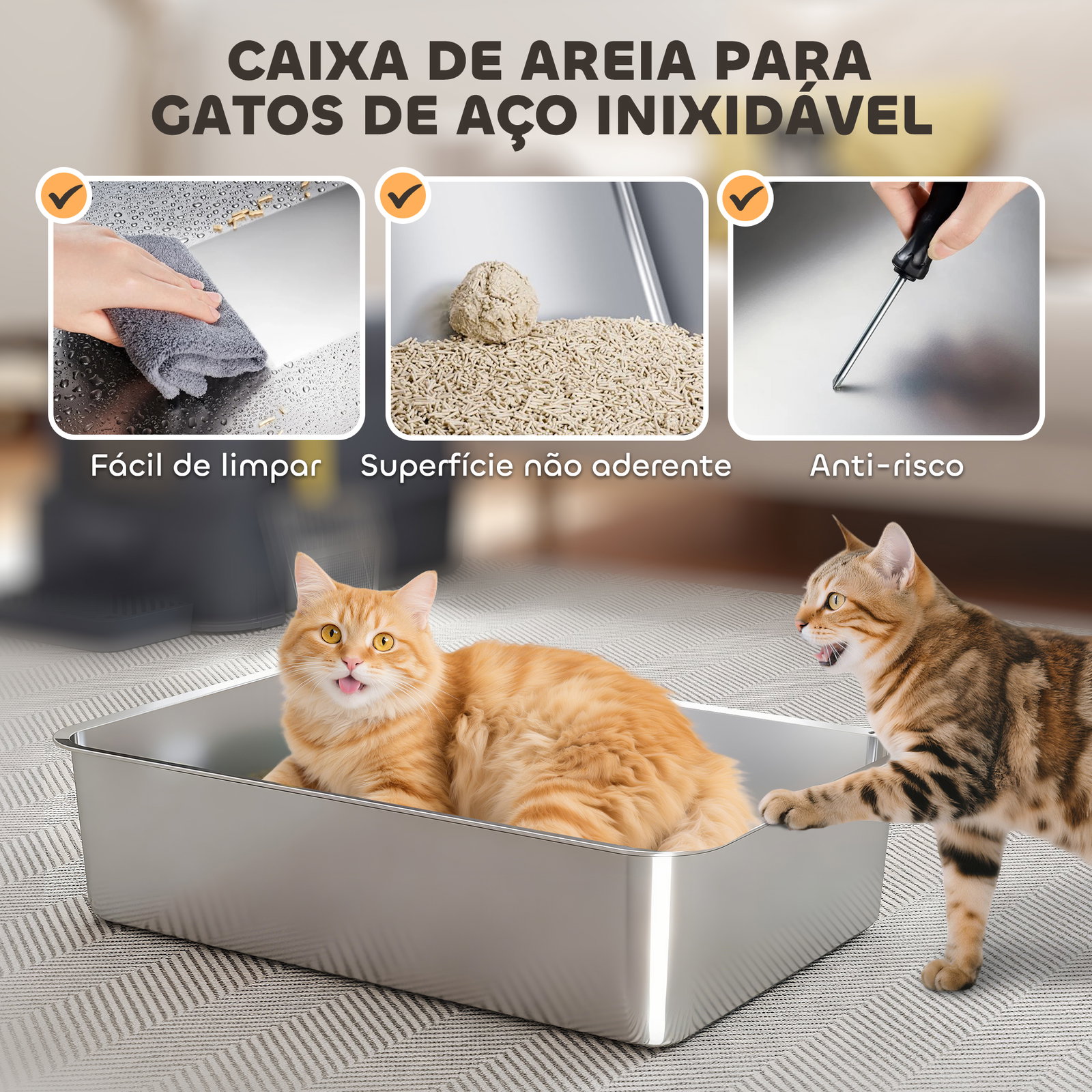 Caixa de areia para gatos de aço inoxidável xl com tampa articulada 180° laterais altas pedal pá 63x43x43 cm cinzento escuro