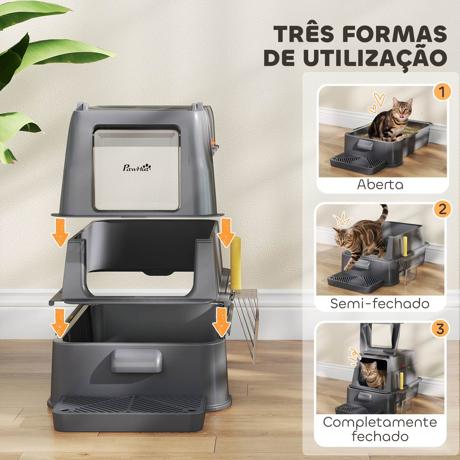 Caixa de areia para gatos de aço inoxidável xl com tampa articulada 180° laterais altas pedal pá 63x43x43 cm cinzento escuro