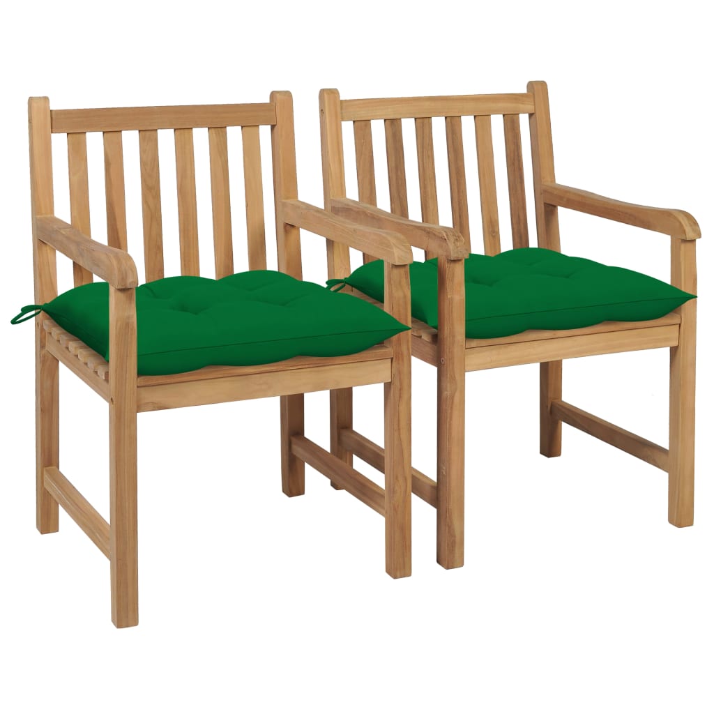 Cadeiras de jardim c/ almofadões verdes 2 pcs teca maciça