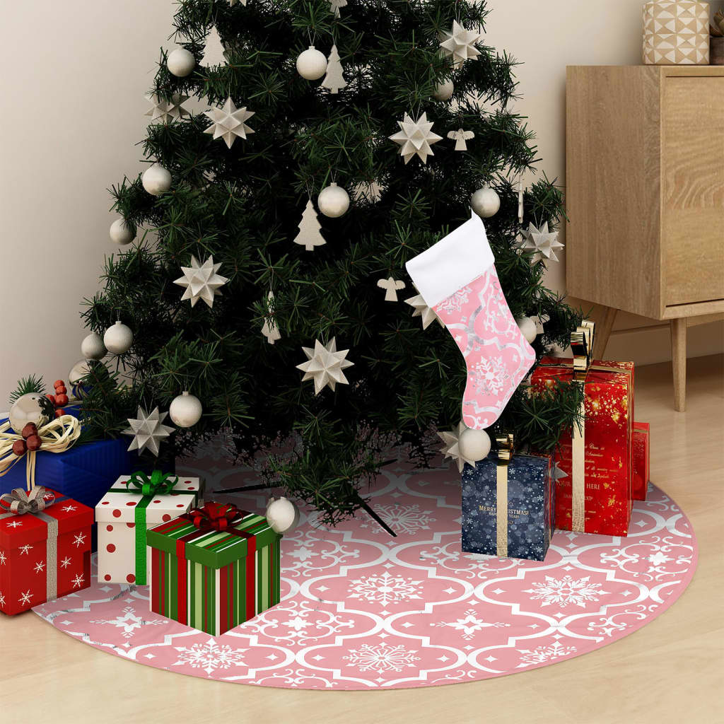 Saia para árvore de natal luxuosa 150 cm com meia tecido rosa