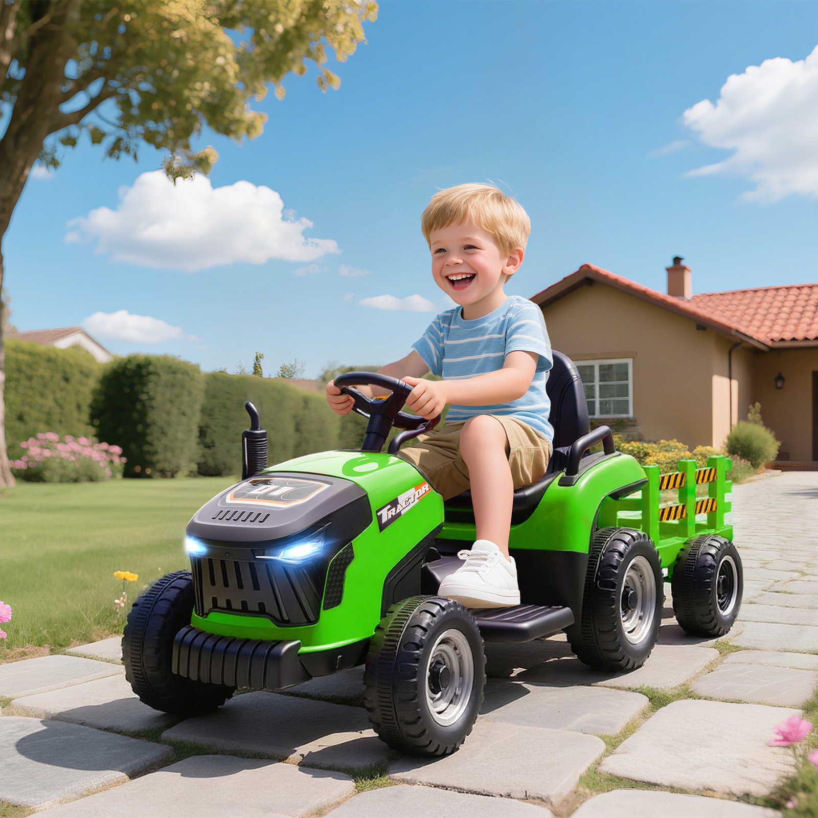 Trator elétrico para crianças com reboque desmontável bateria 12v velocidade 3-5 km/h controle remoto 2,4g 139x58x55 cm verde