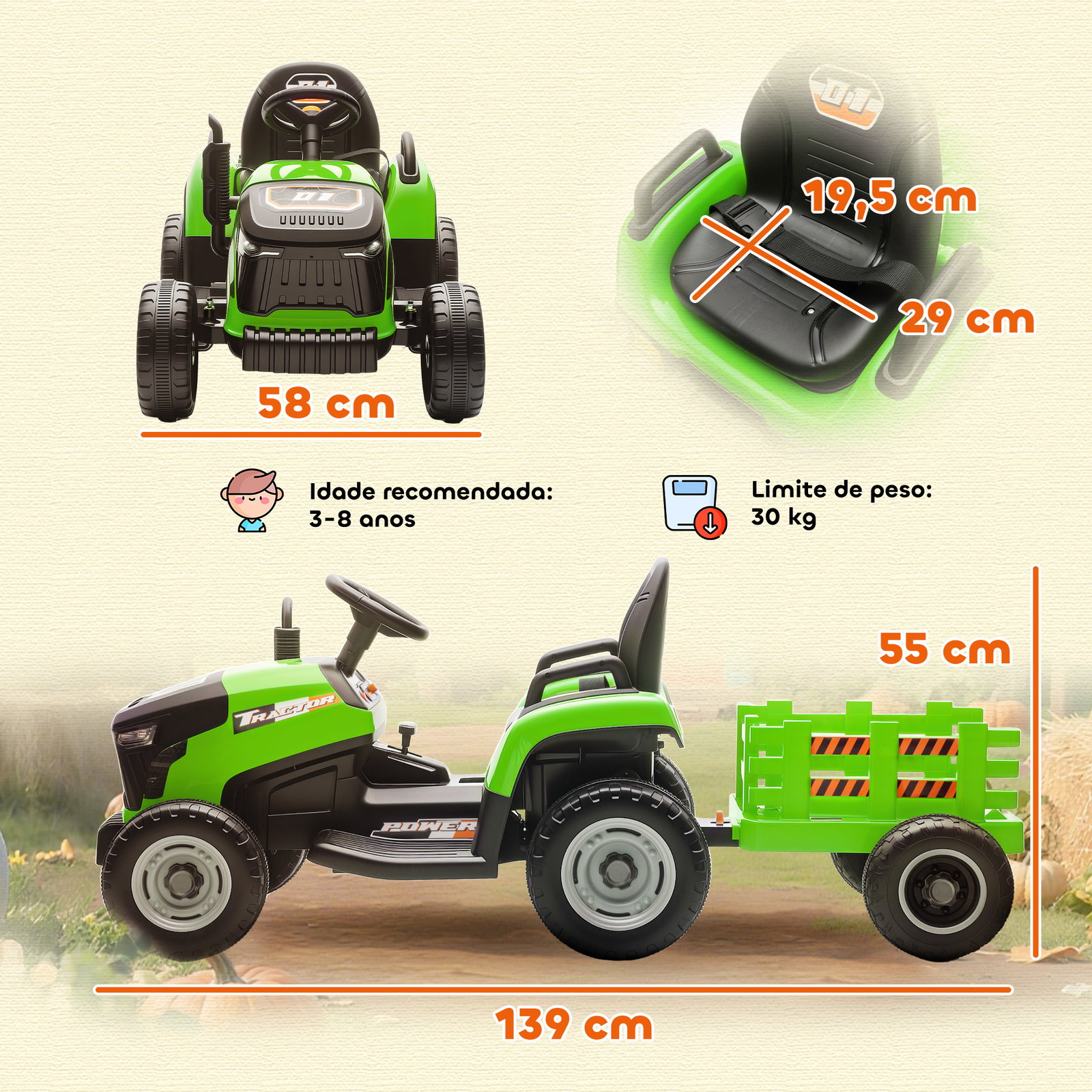 Trator elétrico para crianças com reboque desmontável bateria 12v velocidade 3-5 km/h controle remoto 2,4g 139x58x55 cm verde