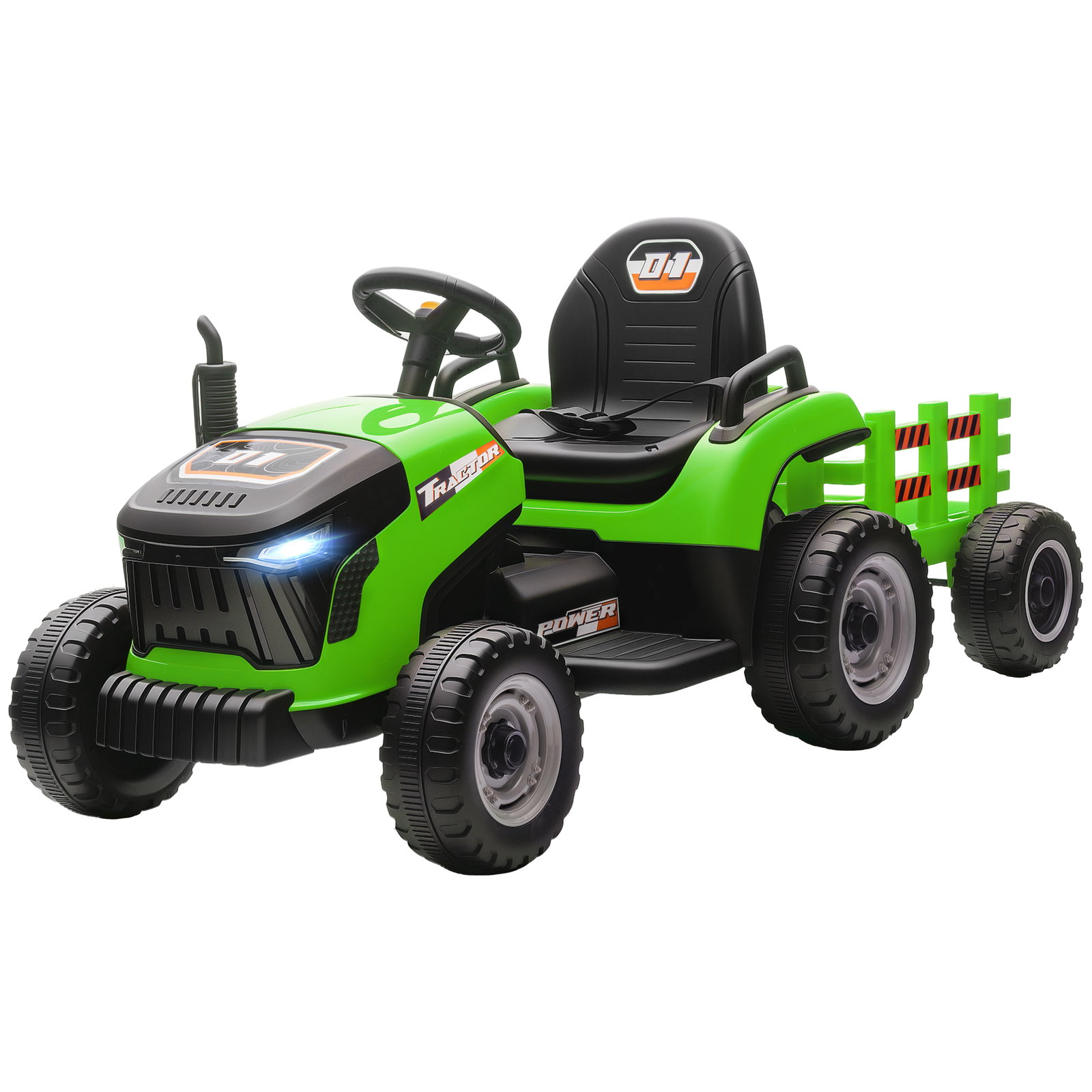 Trator elétrico para crianças com reboque desmontável bateria 12v velocidade 3-5 km/h controle remoto 2,4g 139x58x55 cm verde