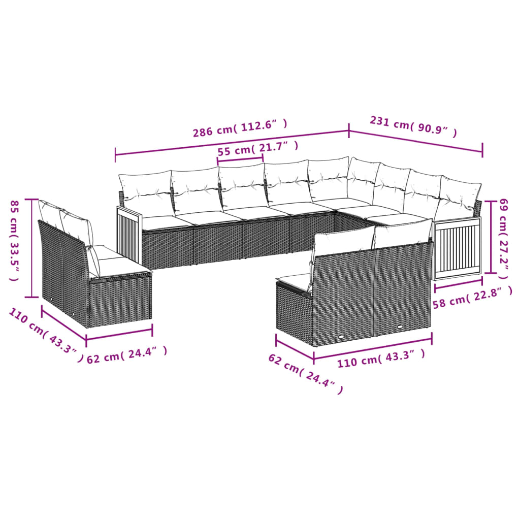 12 Pcs conjunto de sofás jardim c/ almofadões vime PE cinzento
