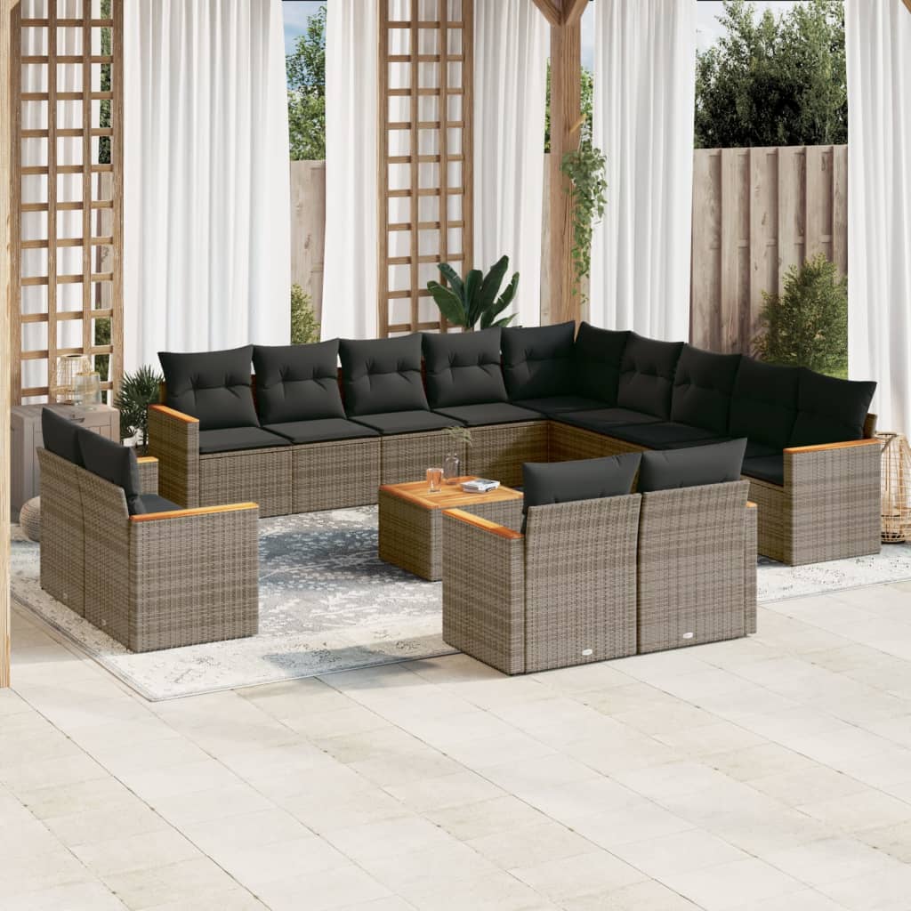 14 Pcs conjunto sofás p/ jardim c/ almofadões vime PE cinzento